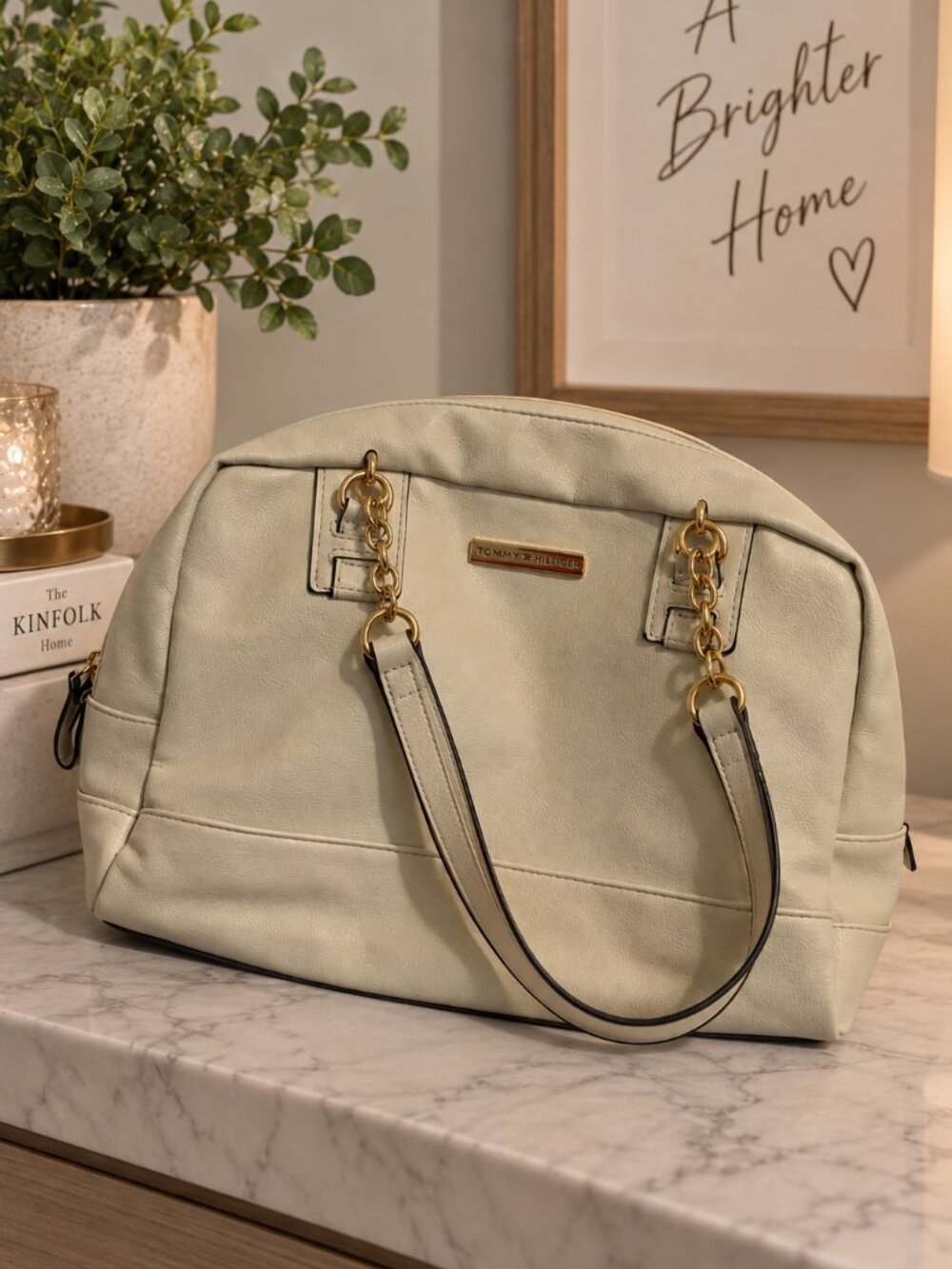 Tommy Hilfiger Ivory Satchel Handbag Gold Chain Large Purse